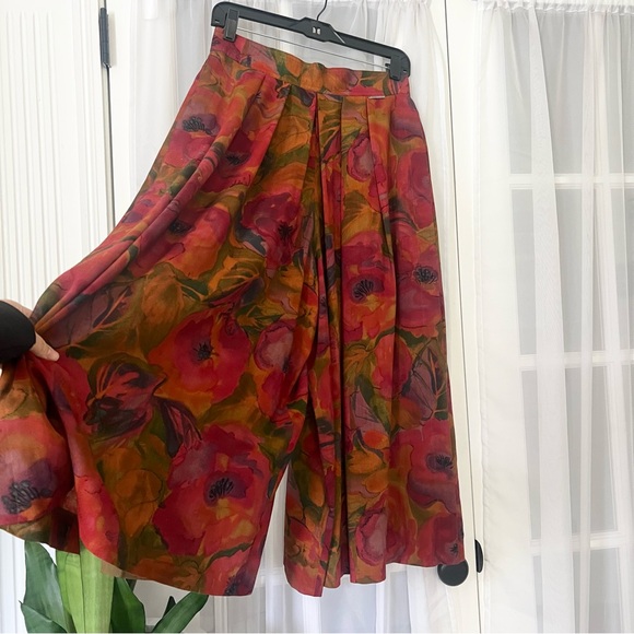 Vintage 90s Geiger Wide Leg Floral Wool Culottes Gaucho Pants Sz Small - Picture 3 of 10